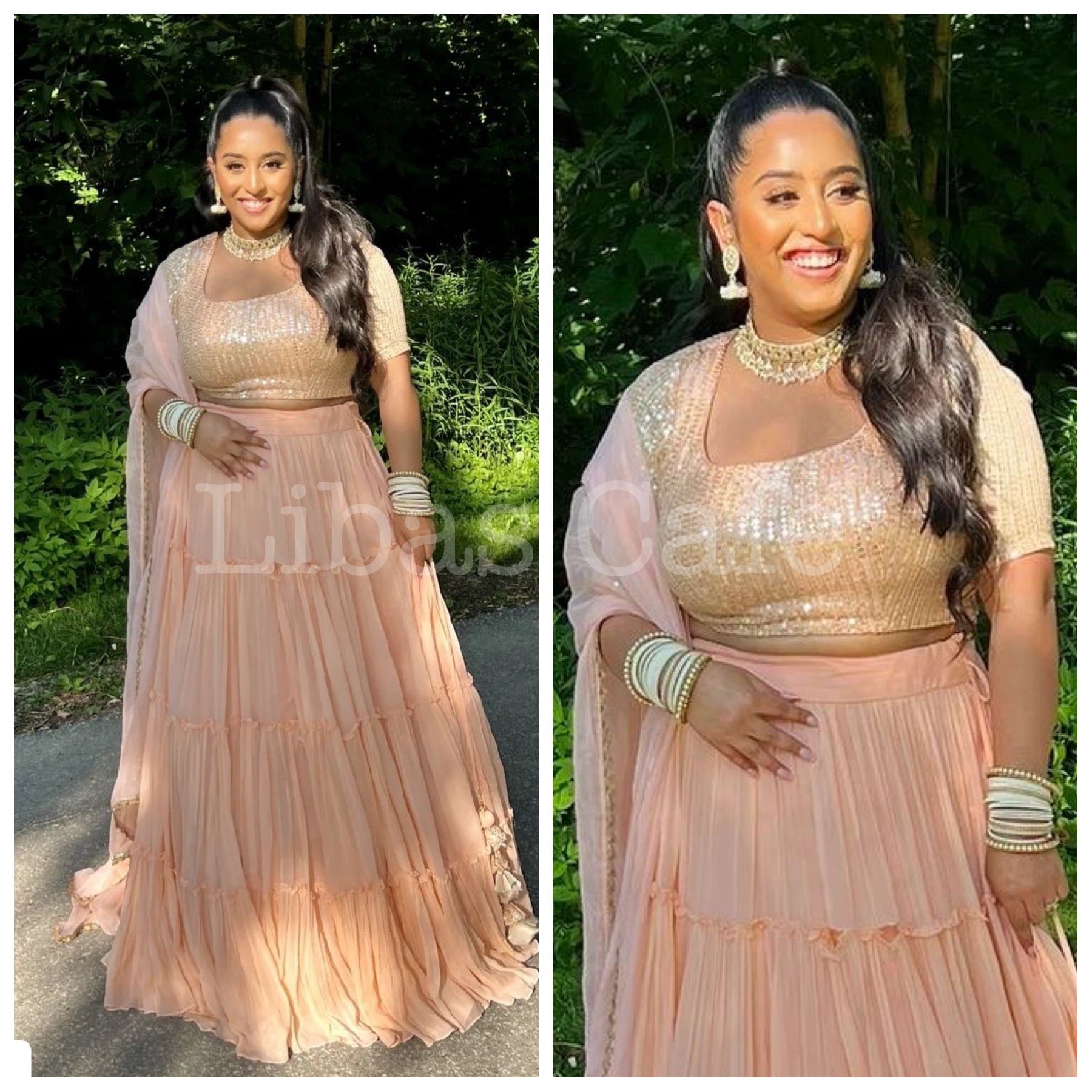 Client In Beige Gold Gathered And Layered Lehenga